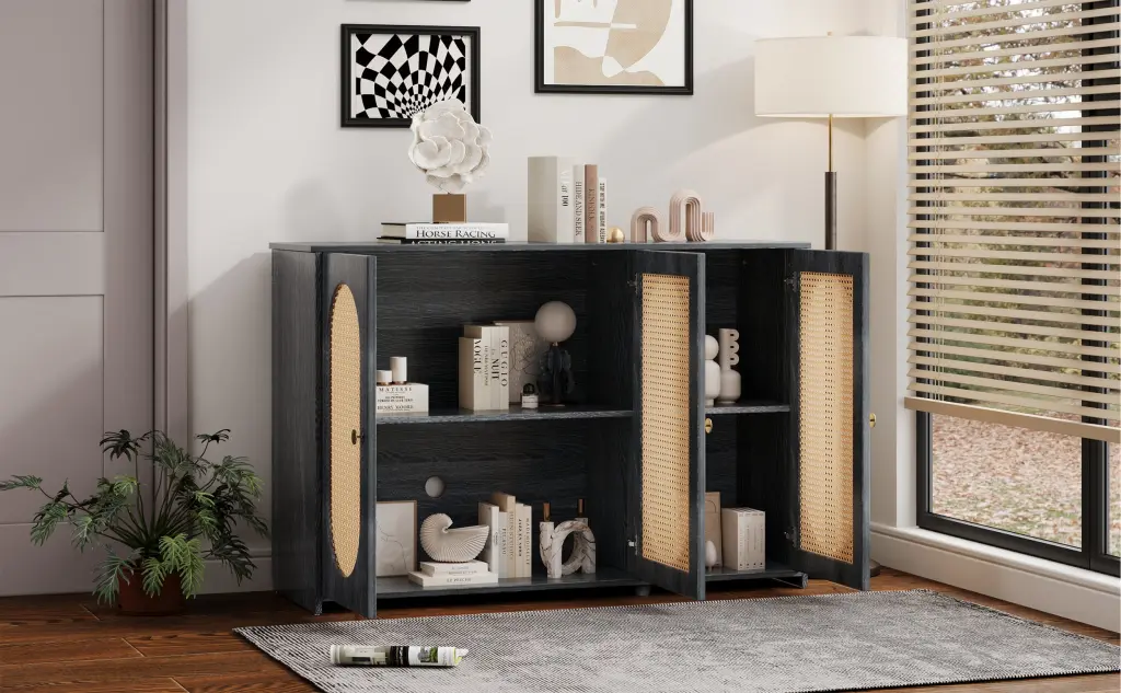 Retro 3 Door Sideboard Large Storage Space Artificial Rattan Cabinet rnb