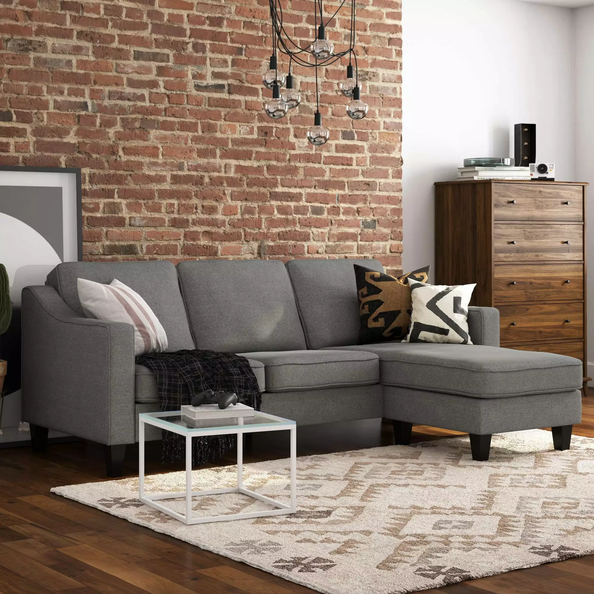 DHP Brighton Reversible Sectional Sofa and Couch Gray Living Room