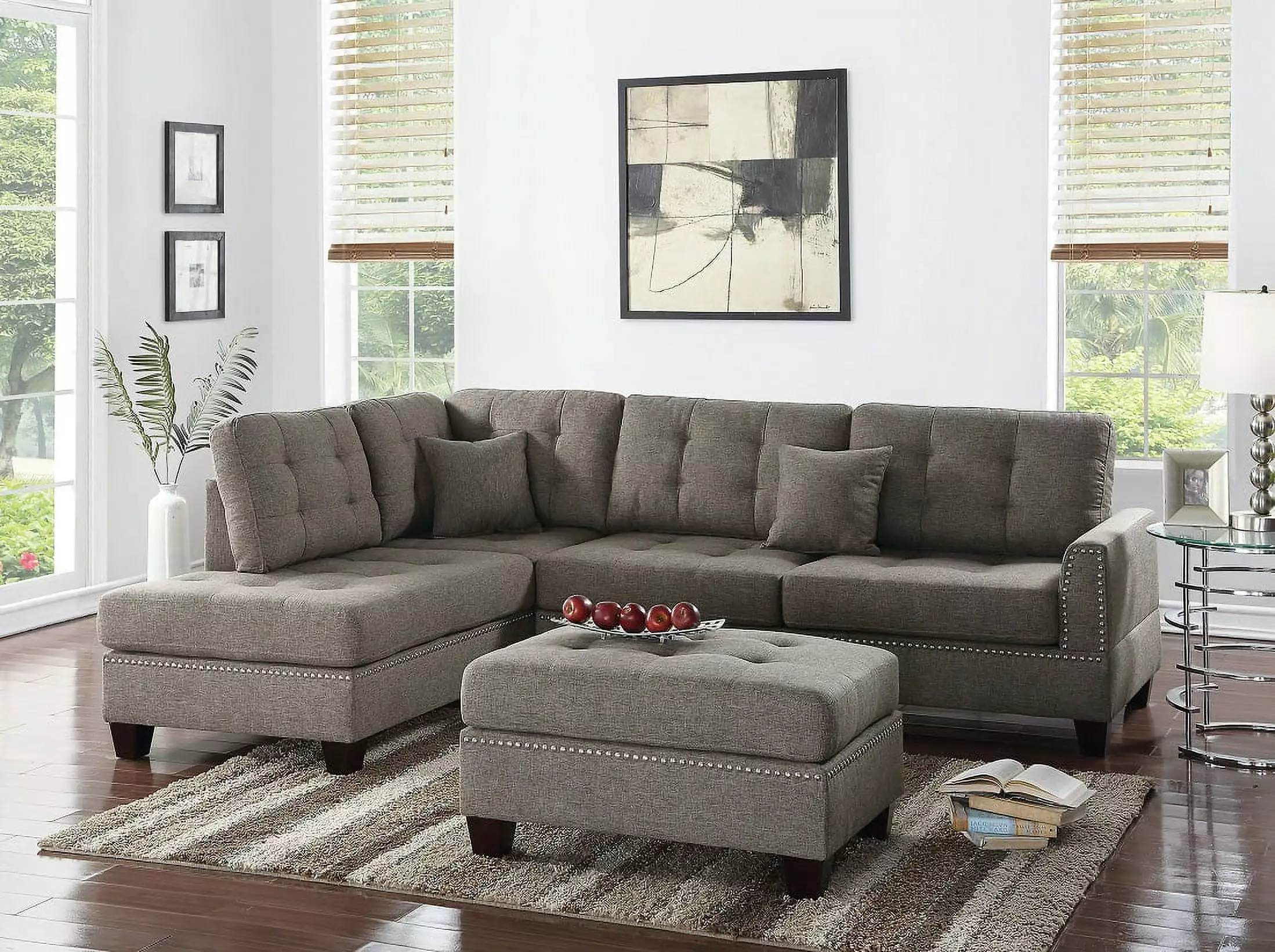 3-Piece Sectional Sofa Reversible Chaise Ottoman Coffee Polyfiber Couch Tufted Pillows Esofastore