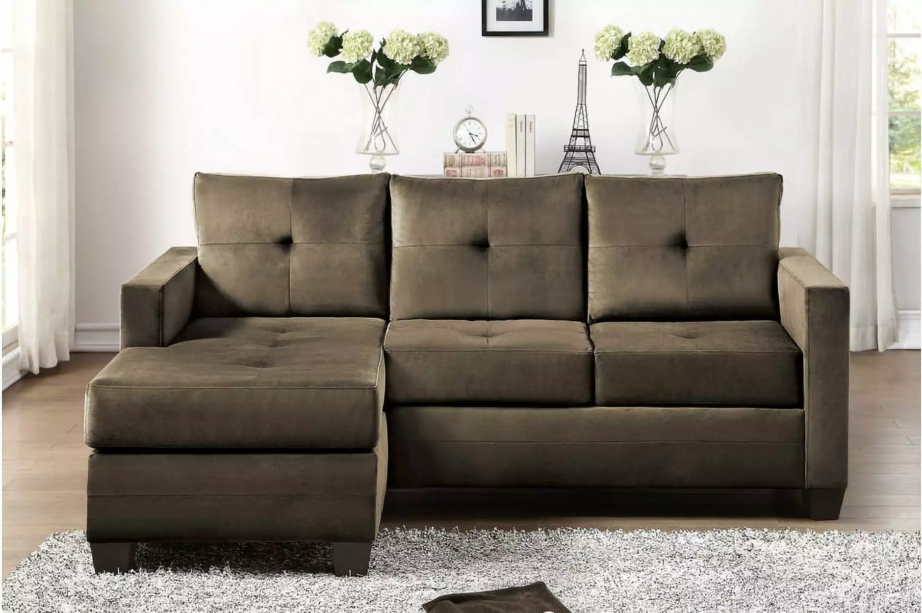 Coffee Reversible Sectional Sofa Chaise and Tracked Arms - Contemporary Living Room Furniture Esofastore