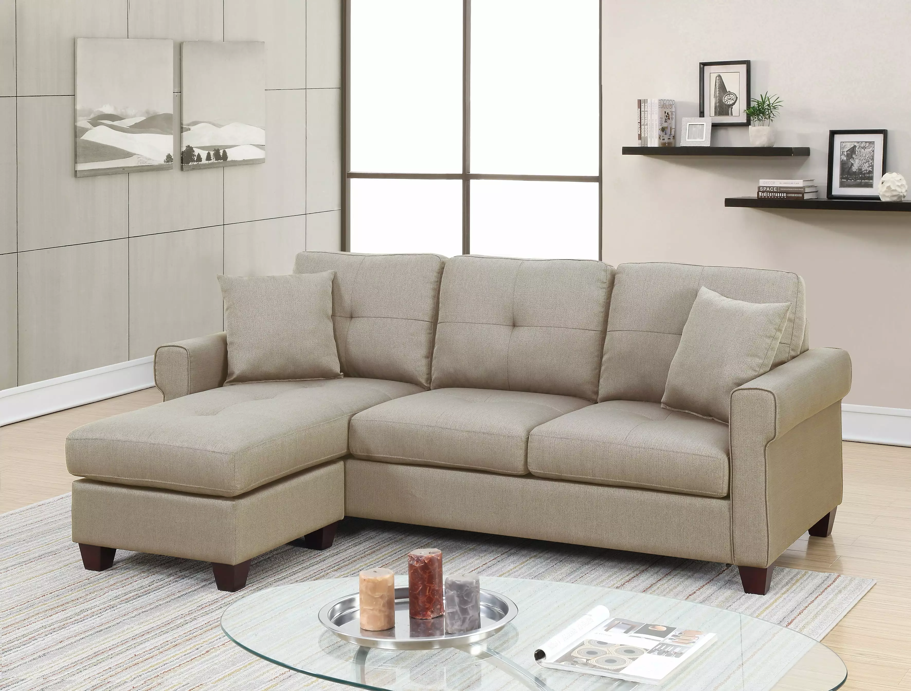 Modern Reversible Sectional Beige Glossy Polyfiber Classic Tufted Couch Sofa Chaise Pillows Living Room Furniture Esofastore
