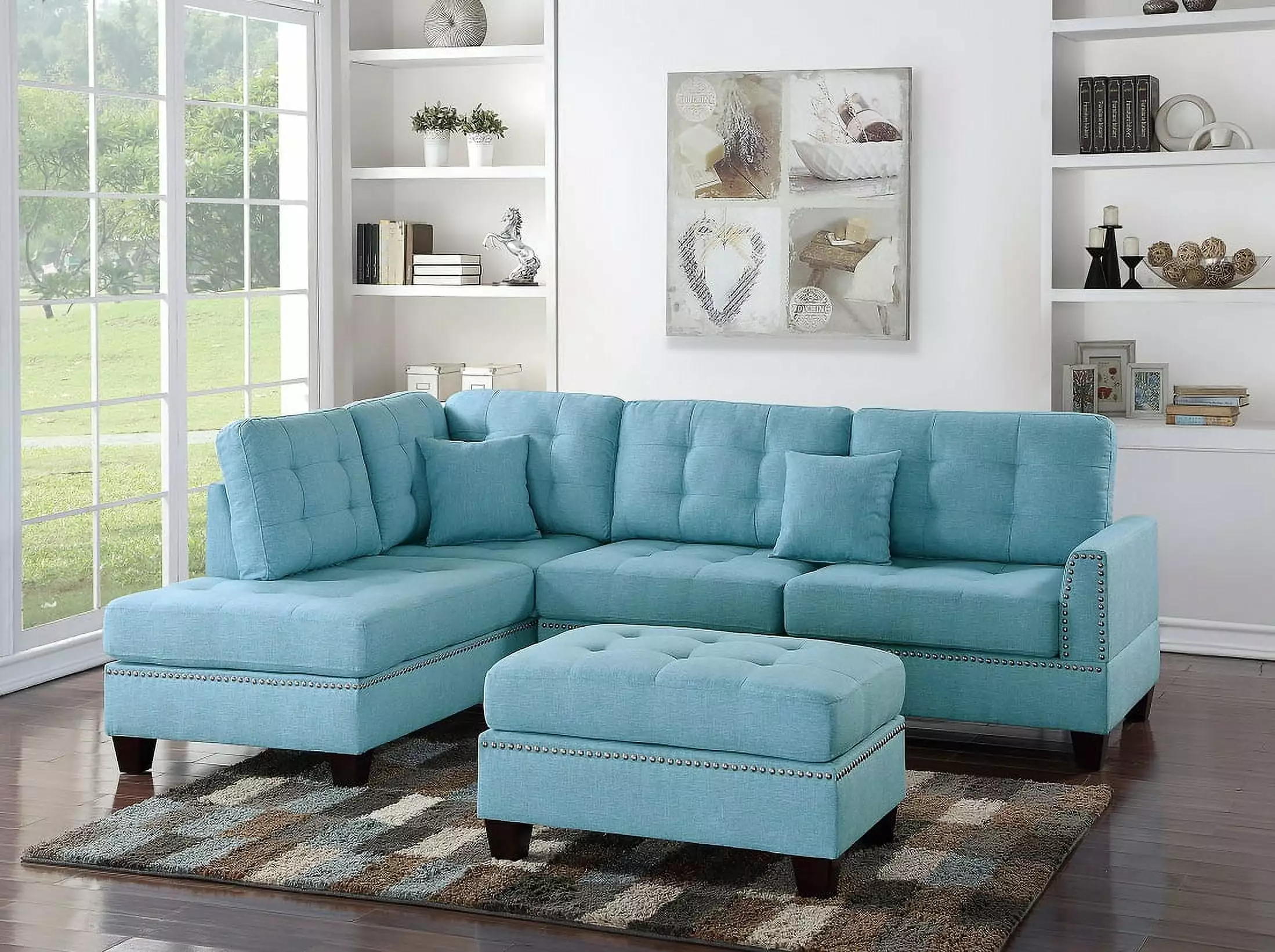 3 Piece Sectional Sofa Reversible Chaise Ottoman Blue Grey Polyfiber Tufted Couch Pillows Esofastore