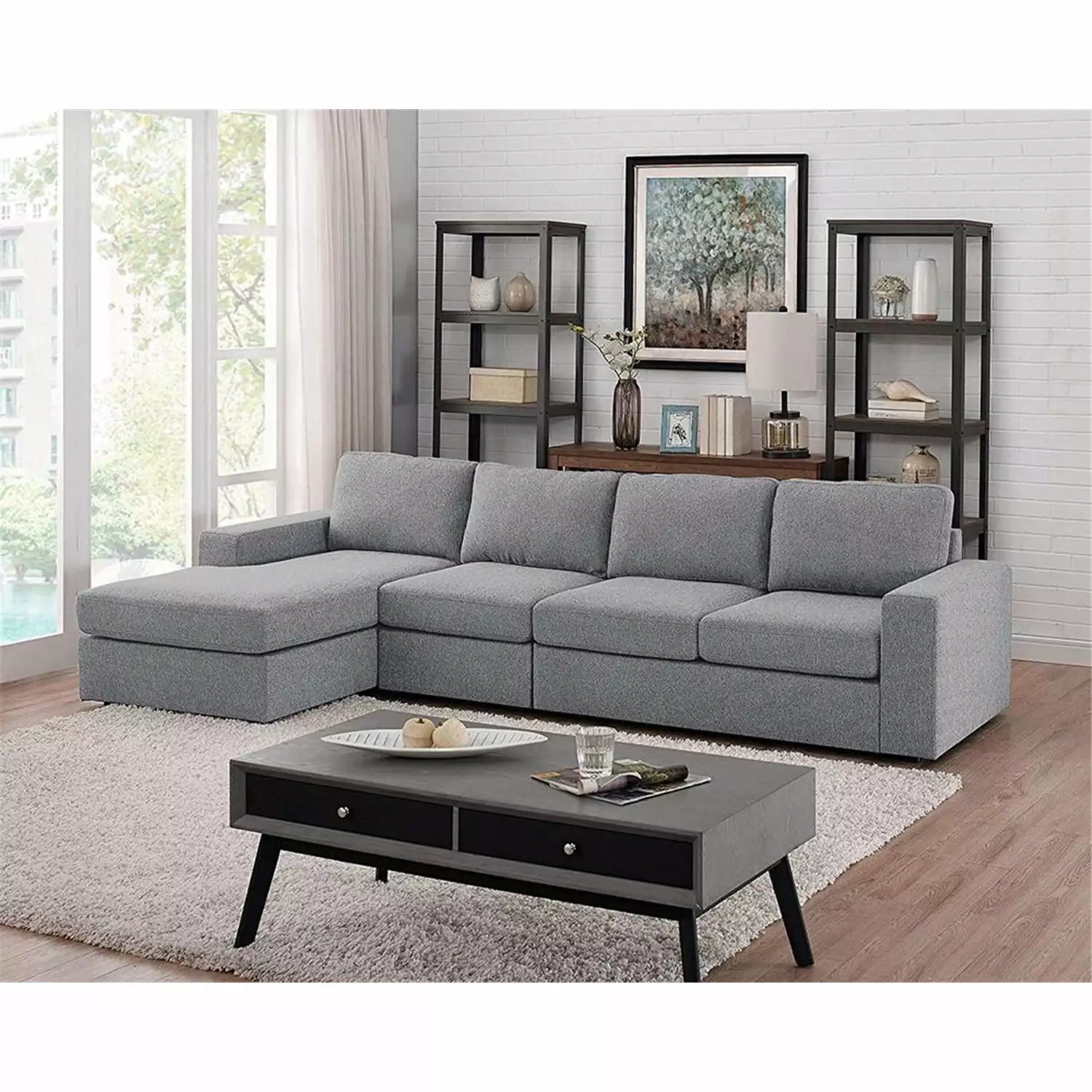 Homestock Natural Beauty Light Gray Linen Reversible Modular Sectional Sofa Chaise