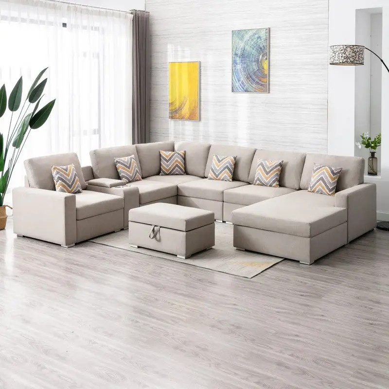 Nolan 124 Inch Beige Linen Fabric 8-Piece Reversible Chaise Sectional Sofa lilola home