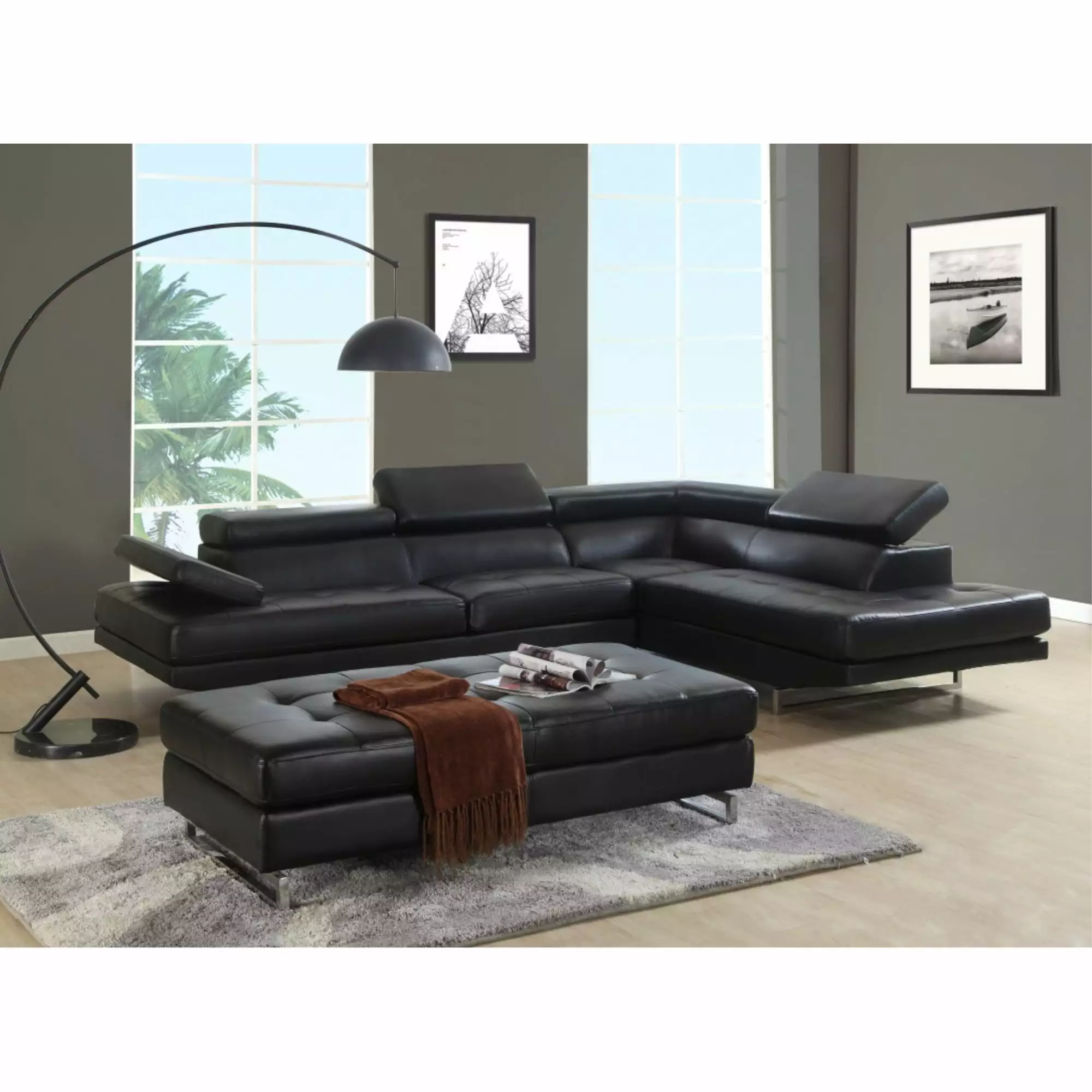 HomeRoots Black Right Arm Facing Sectional Sofa 124 x 94 x 36 Inches