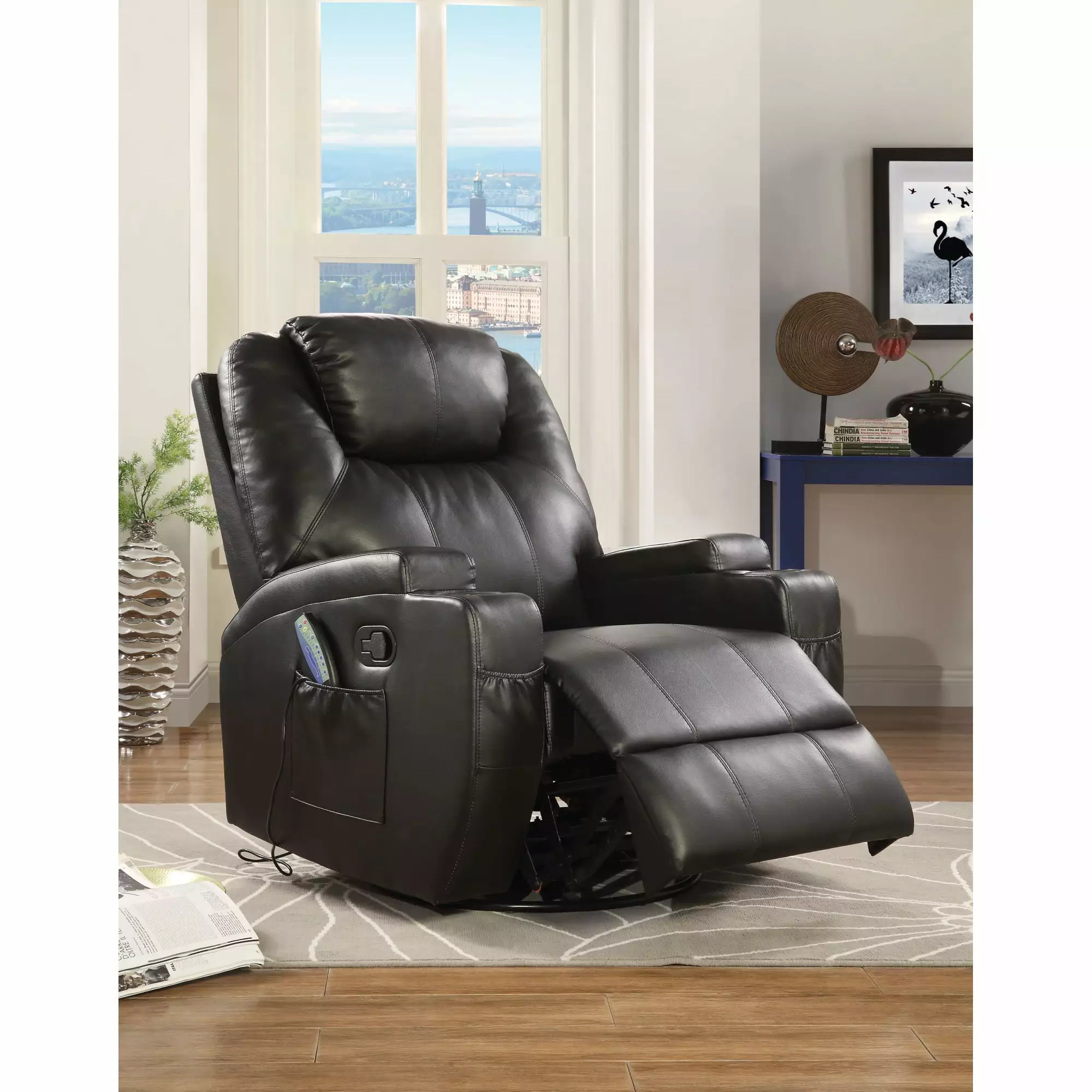 Ergode Rocker Recliner Swivel Motion Black PU - Modern Living Room Chair