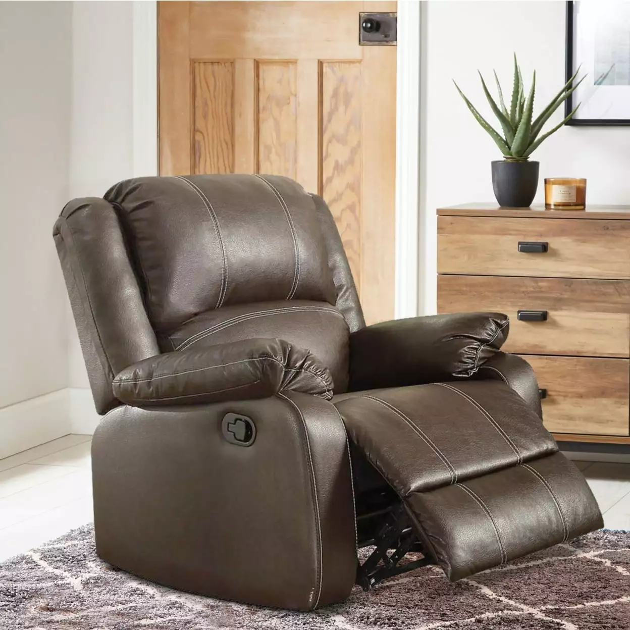 Leather Upholstered Metal Rocker Reclining Chair Brown Saltoro Sherpi