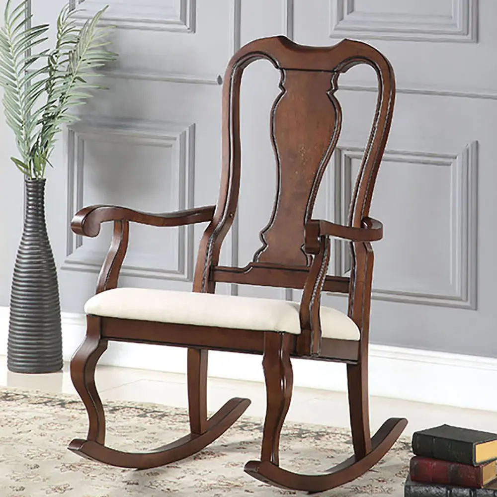 Beige And Cherry Queen Anne Back Rocking Chair Solid Beige Living Room Furniture furniture max