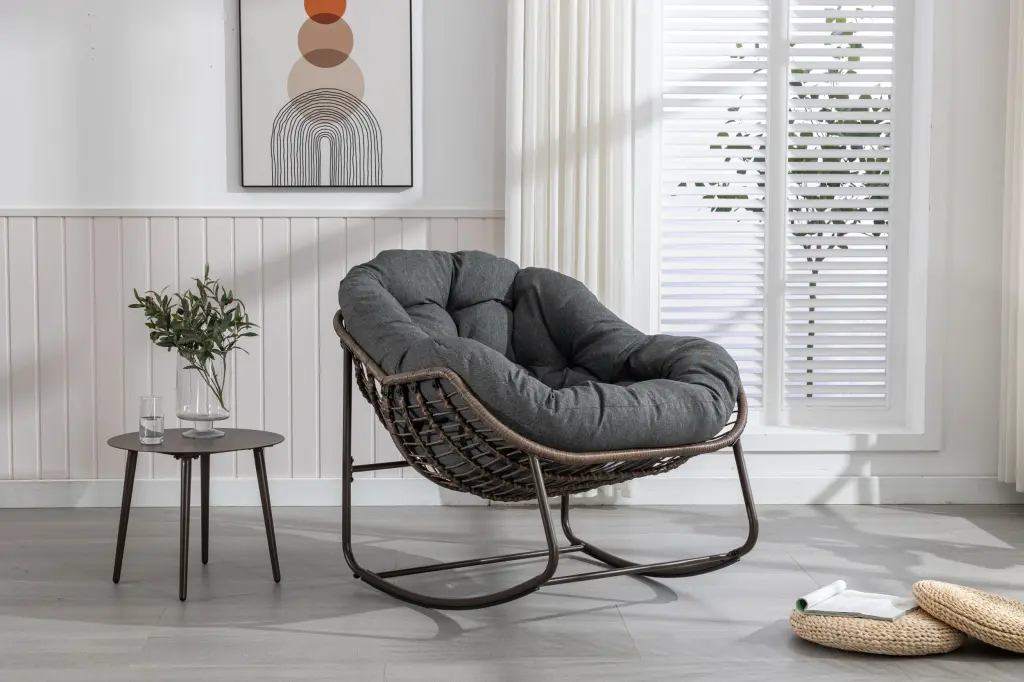 Outdoor Rattan Rocking Chair Padded Cushion Recliner Patio Furniture hifine outdoor furniture w-640