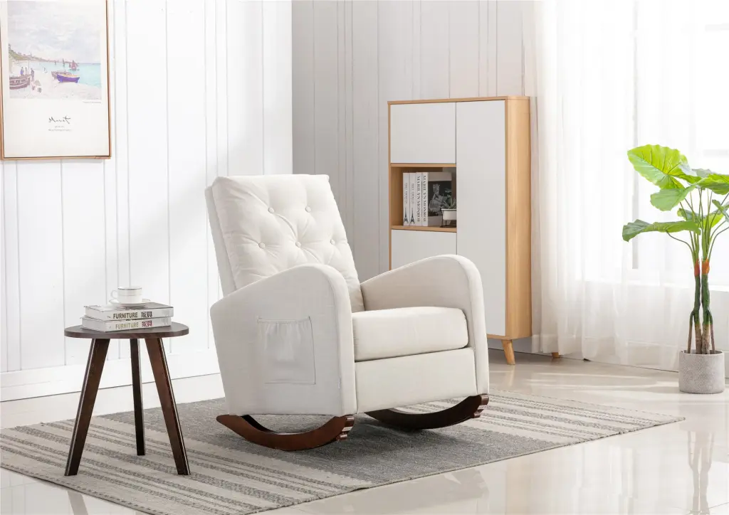 High Back Rocking Chair, Nursery Chair Cozy Fabric Padded Seat Baby Room w1539 coolmore