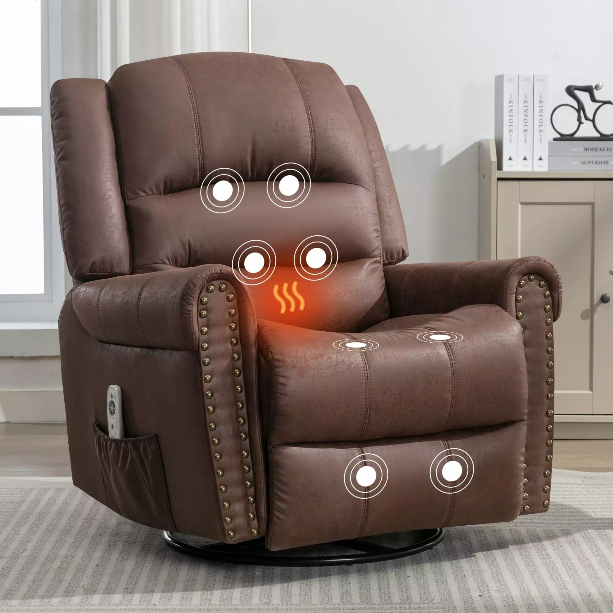 Massage Rocker Recliner Chair USB Charge Port and Heat Brown Jamini