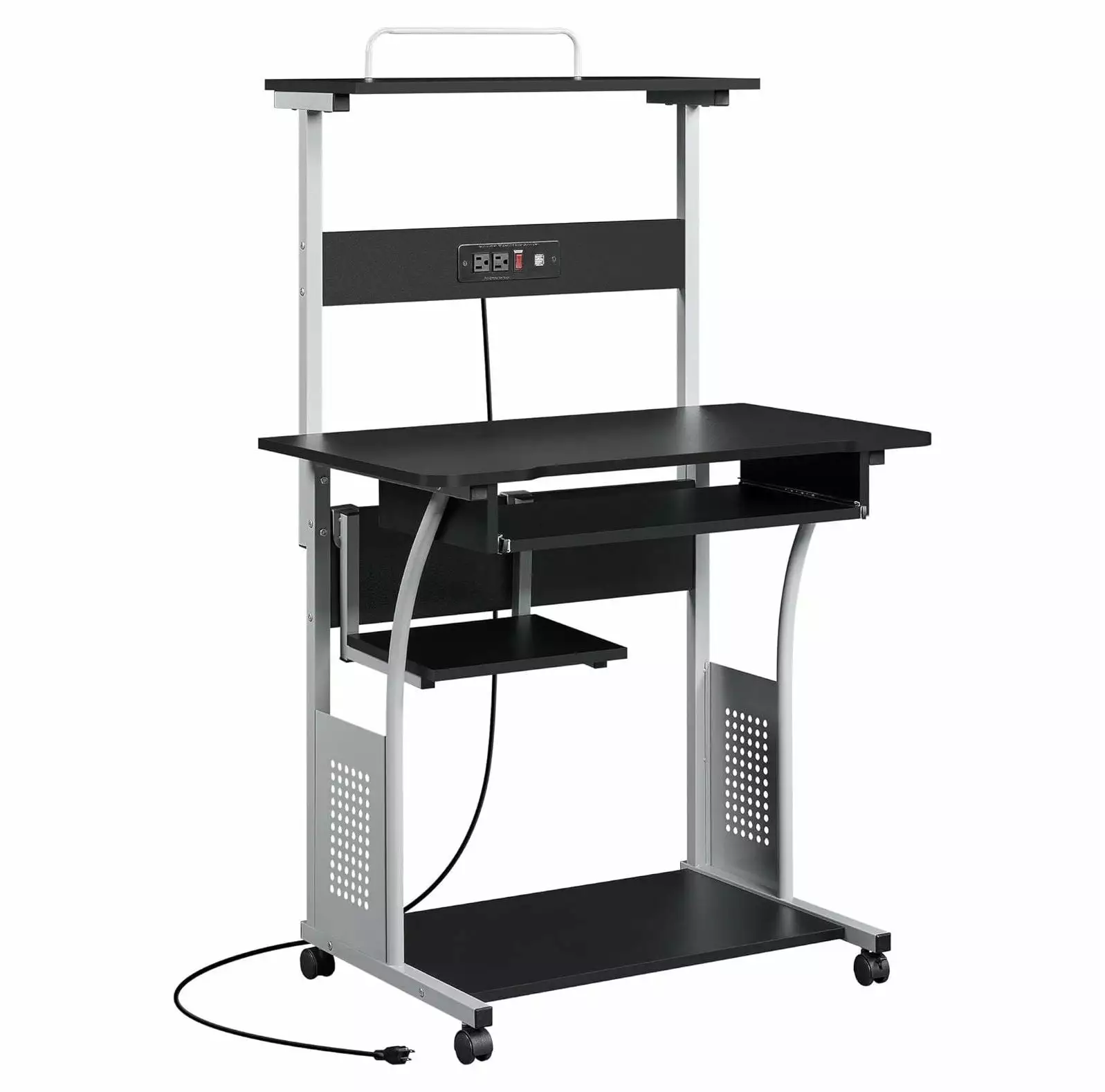 BULYAXIA Rolling Computer Desk Charging Station 2 USB Ports Keyboard Tray Printer Shelf