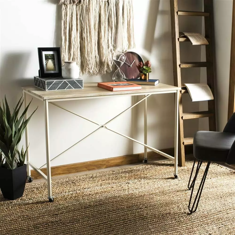 SAFAVIEH Callie Classic Farmhouse Rolling Desk Light Oak Cream Finish