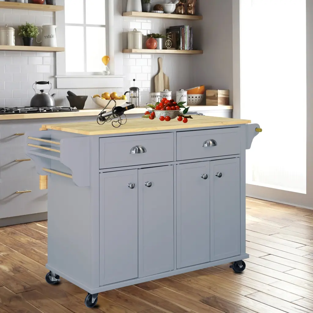 Cambridge Natural Wood Top Kitchen Island Storage Gray Solid Wood Mobile Island ws furniture