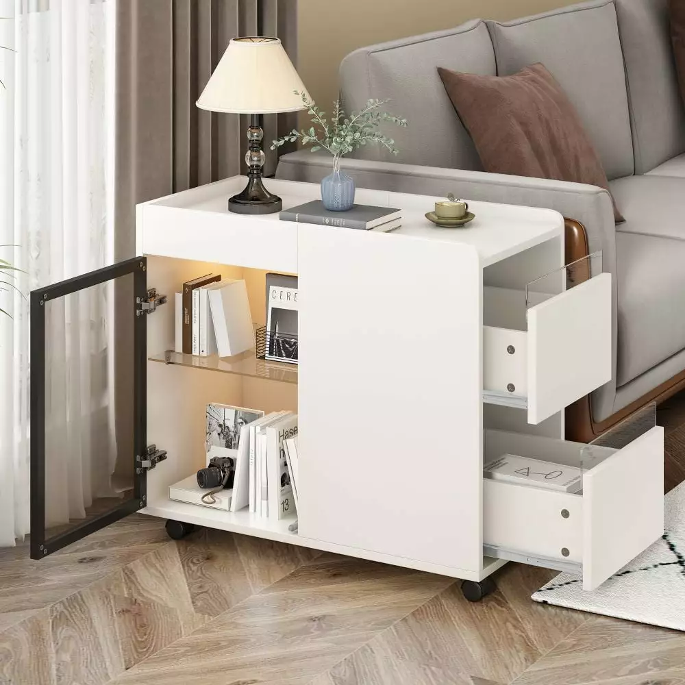 IVV Modern Rolling Side Table LED Light Wooden Storage End Desk on Wheels 2 Drawers Glass Shelf and Transparent Brown Glas...