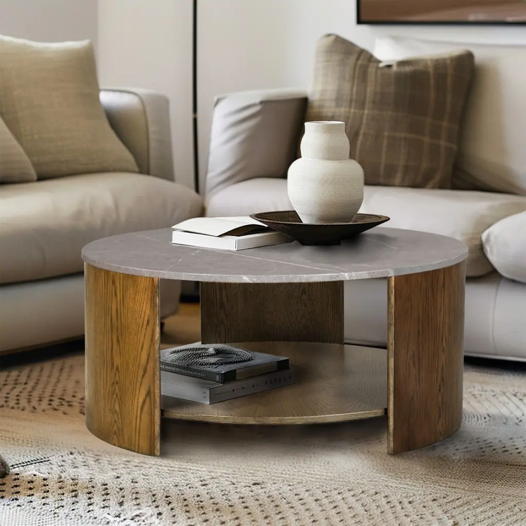 Round Mixed Material Coffee Table Shelf - Oak and MDF Design jla