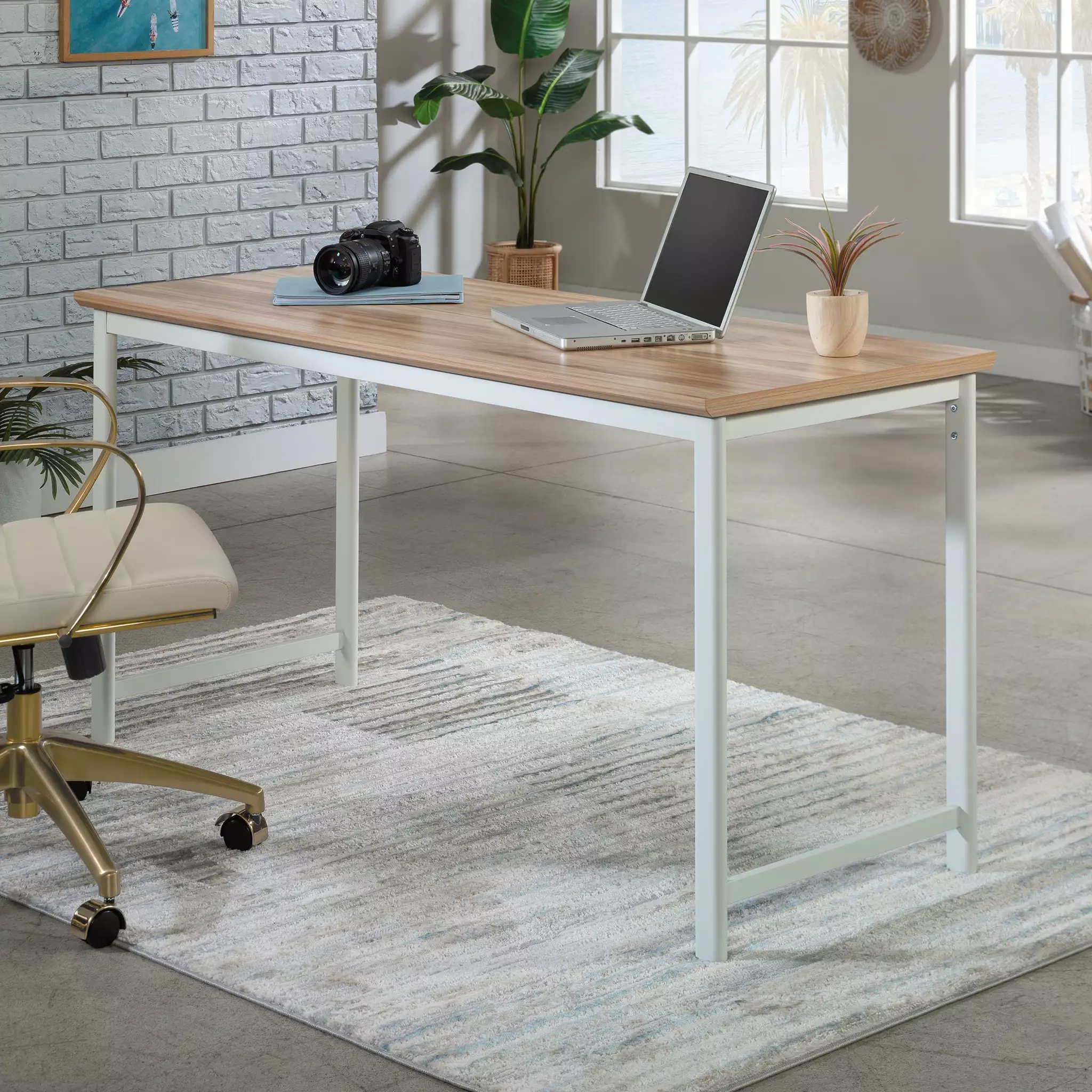 Worksense Sauder Bergen Circle 60 x 24 Office Table Desk Kiln Acacia Finish Modern Workstation