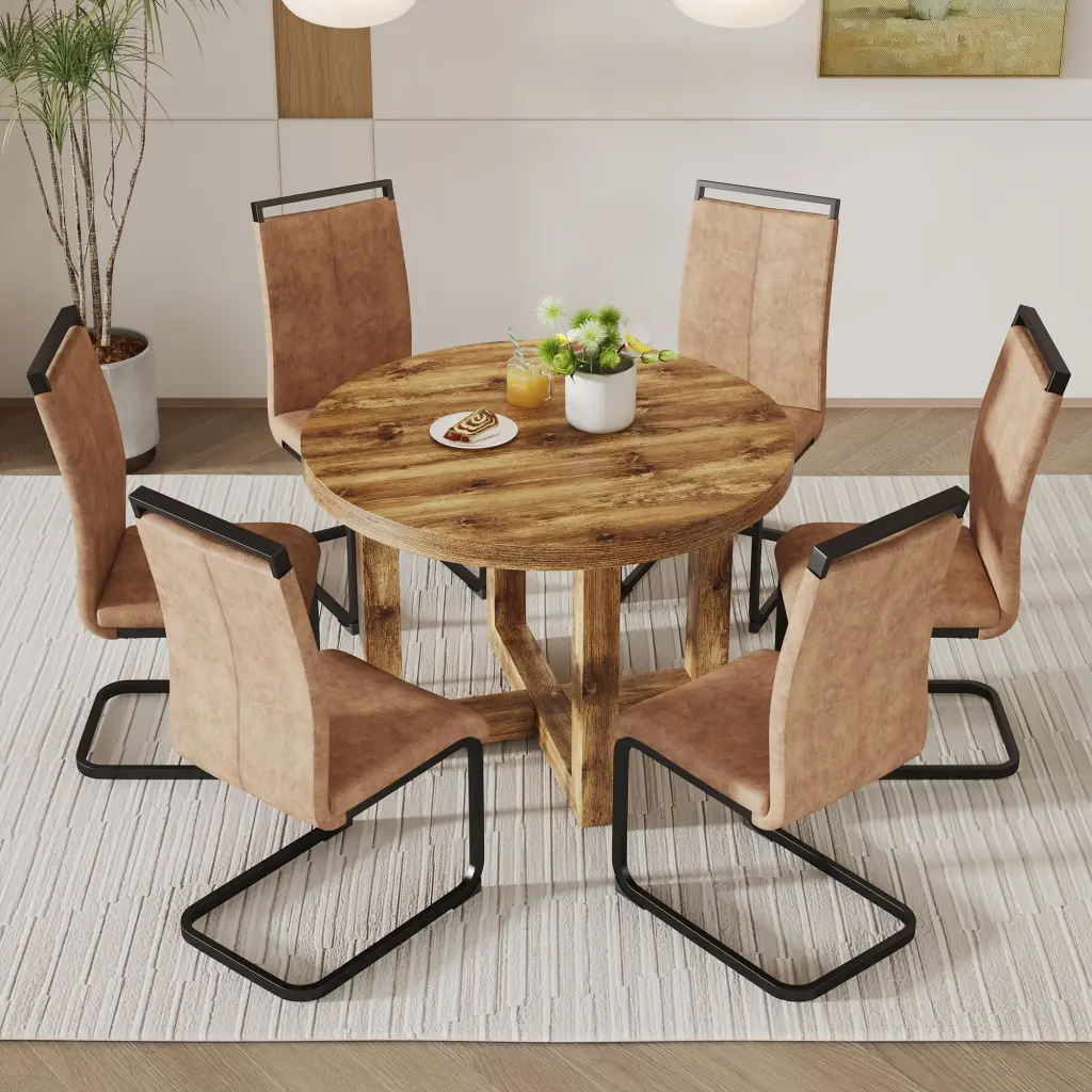 Modern Functional Circular Dining Table MDF Tabletop And Metal Base droom w-1151