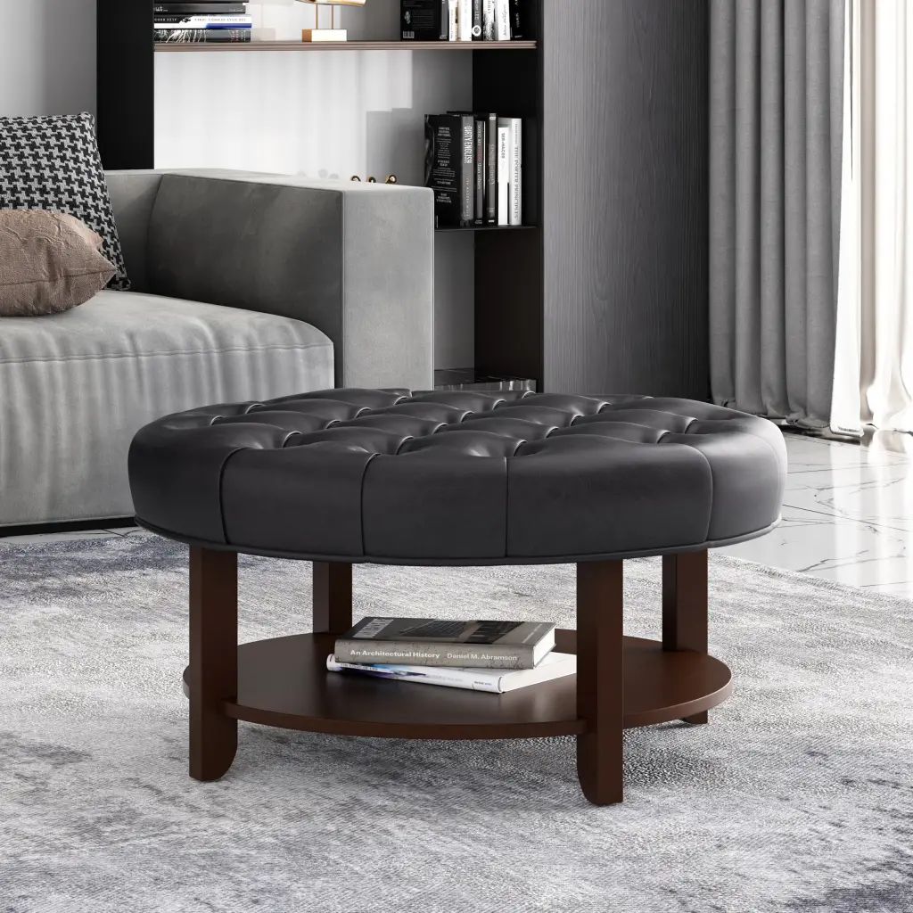 Round Ottoman Black PU Living Room or Bedroom nh-an