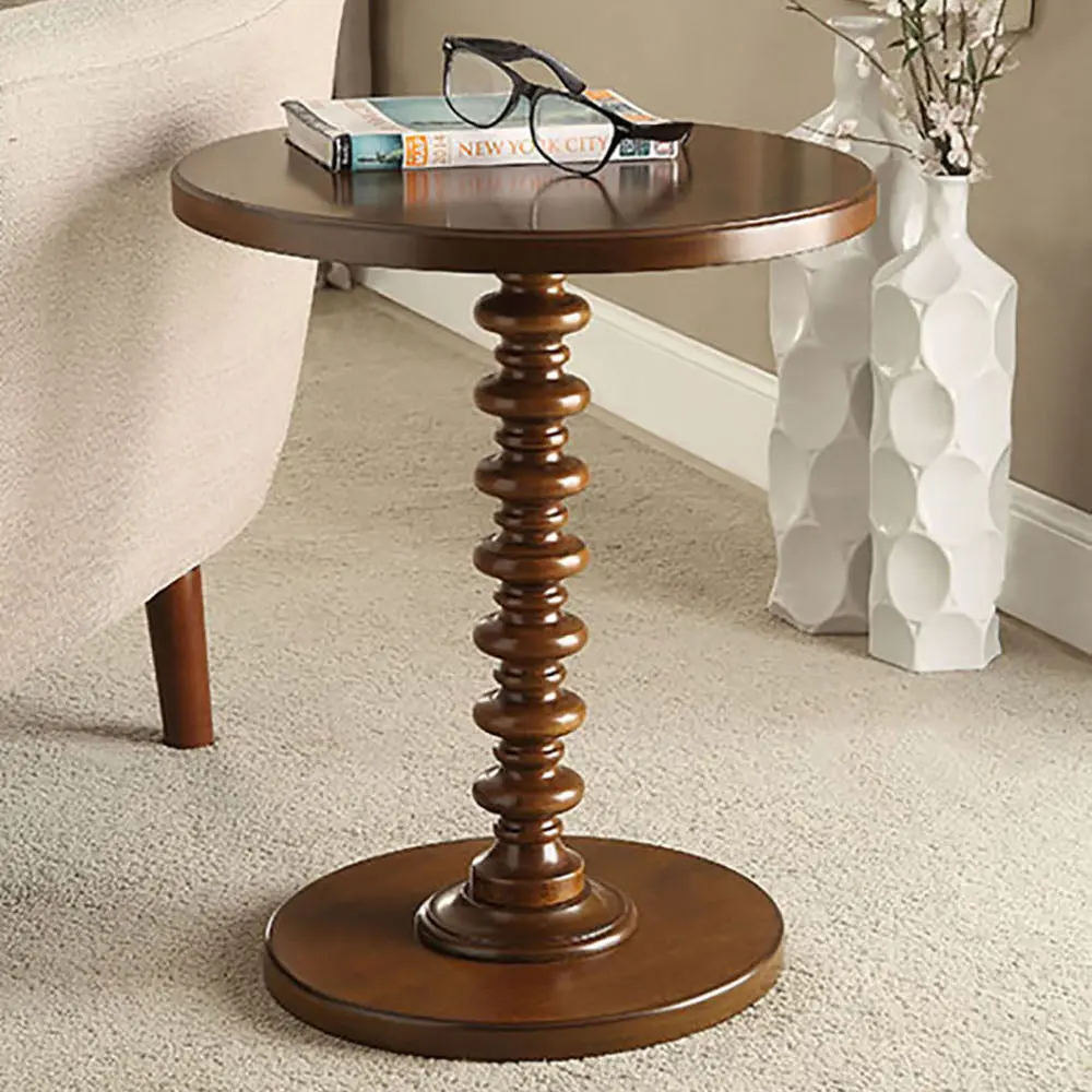 Walnut Round Wooden Side Table Primary Living Space furniture max