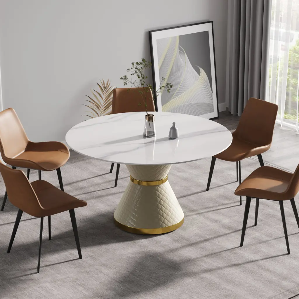 53.15 Inch Modern Artificial Stone Round White Dining Table Carbon Steel Base atunus
