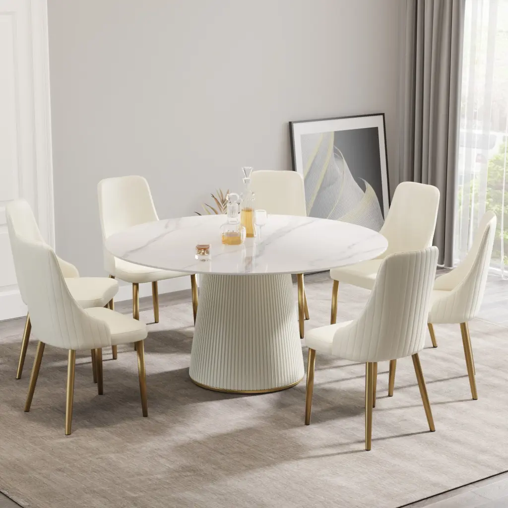 59.05'' Modern White Artificial Stone Round Dining Table Beige Plywood PU Base atunus