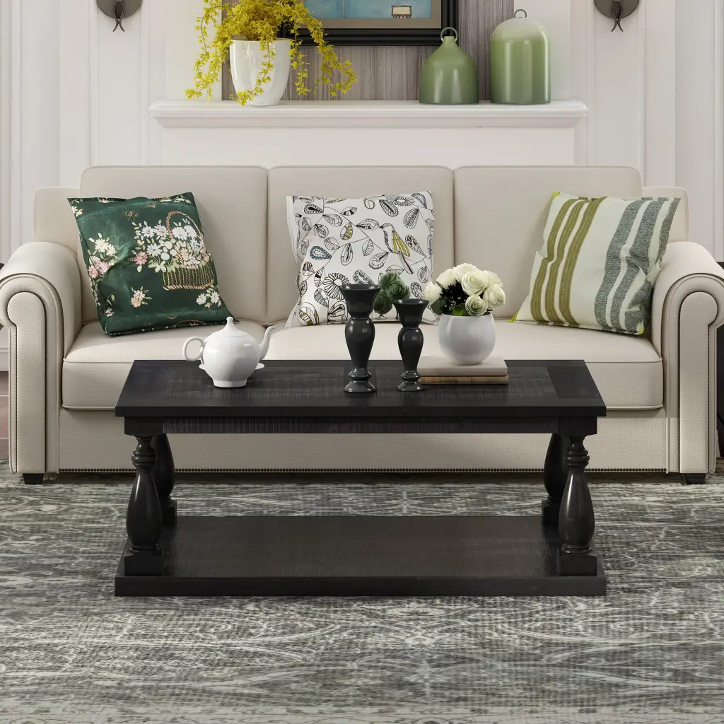 Rustic Floor Shelf Coffee Table Storage Solid Pine Wood u_style