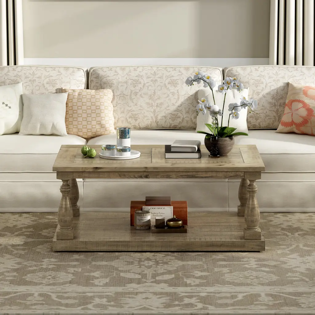 Rustic Floor Shelf Coffee Table Storage Solid Pine Wood Living Room u_style