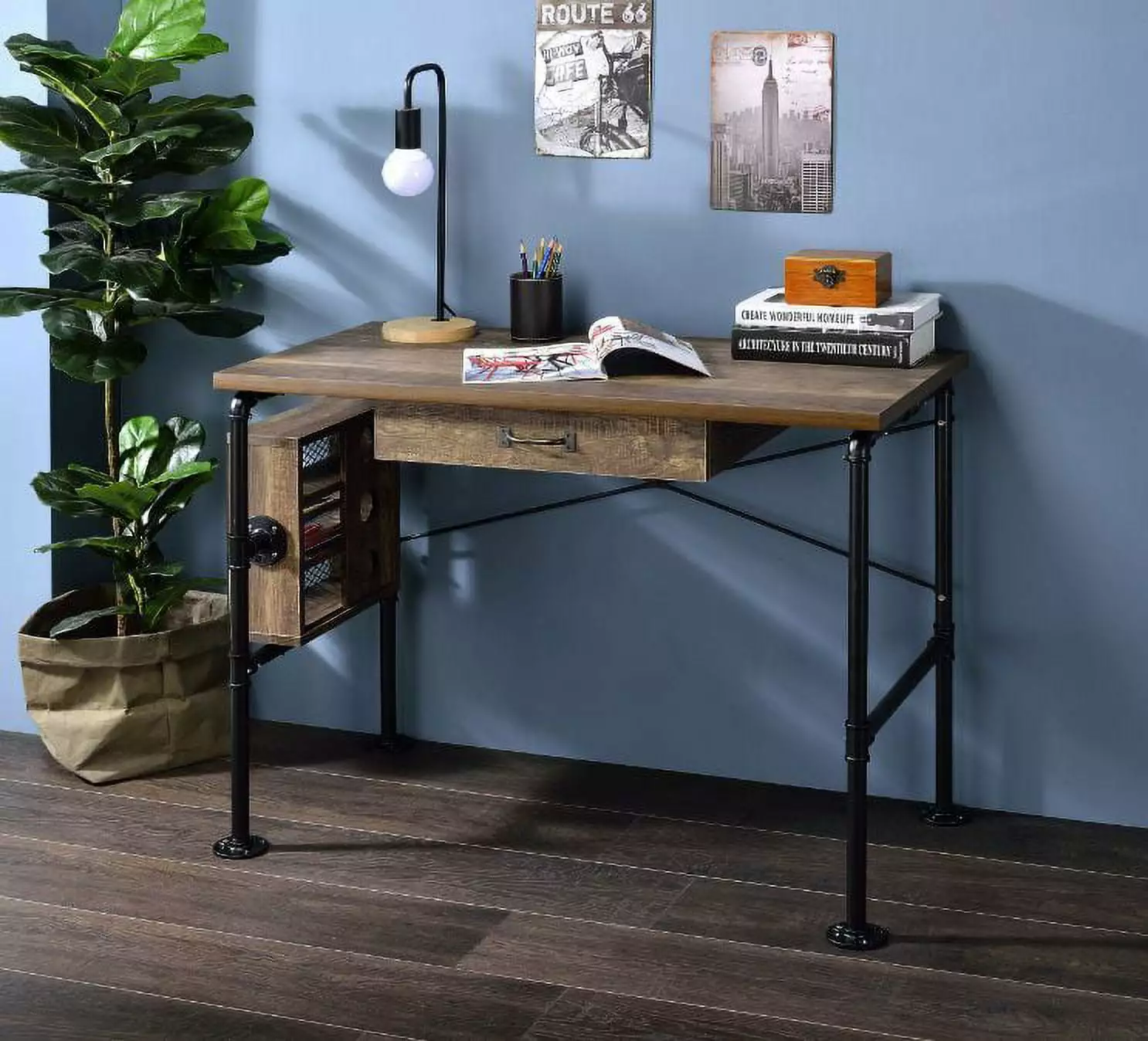 Homiyad Writing Desk Weathered Oak and Black Finish Home Office