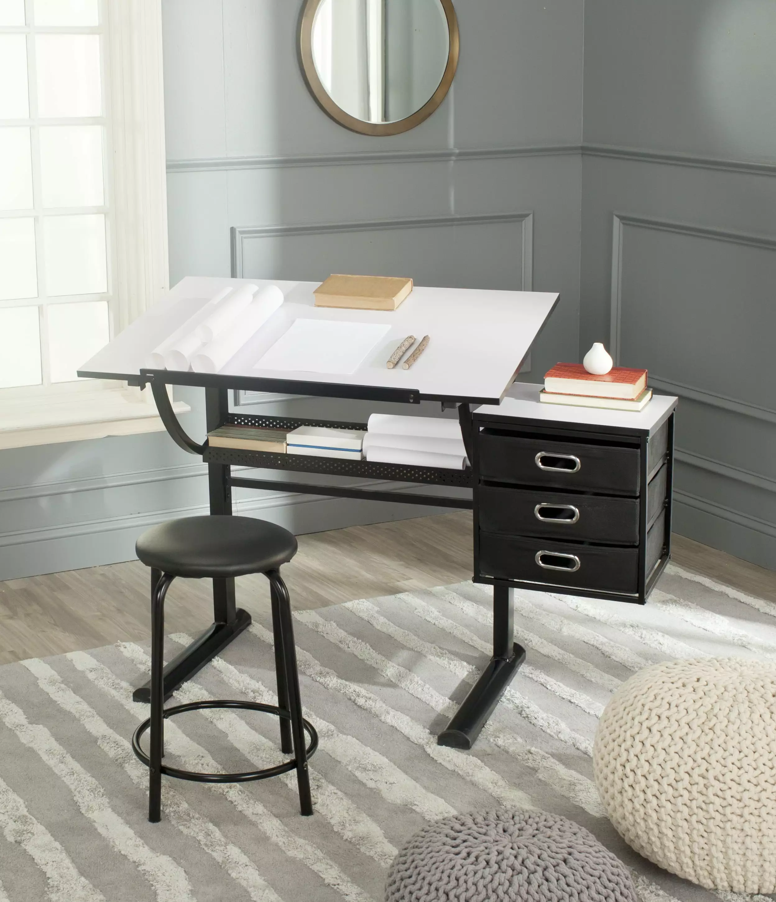SAFAVIEH Harvard Rustic Solid Writing Desk Stool Black and White Home Office Furniture