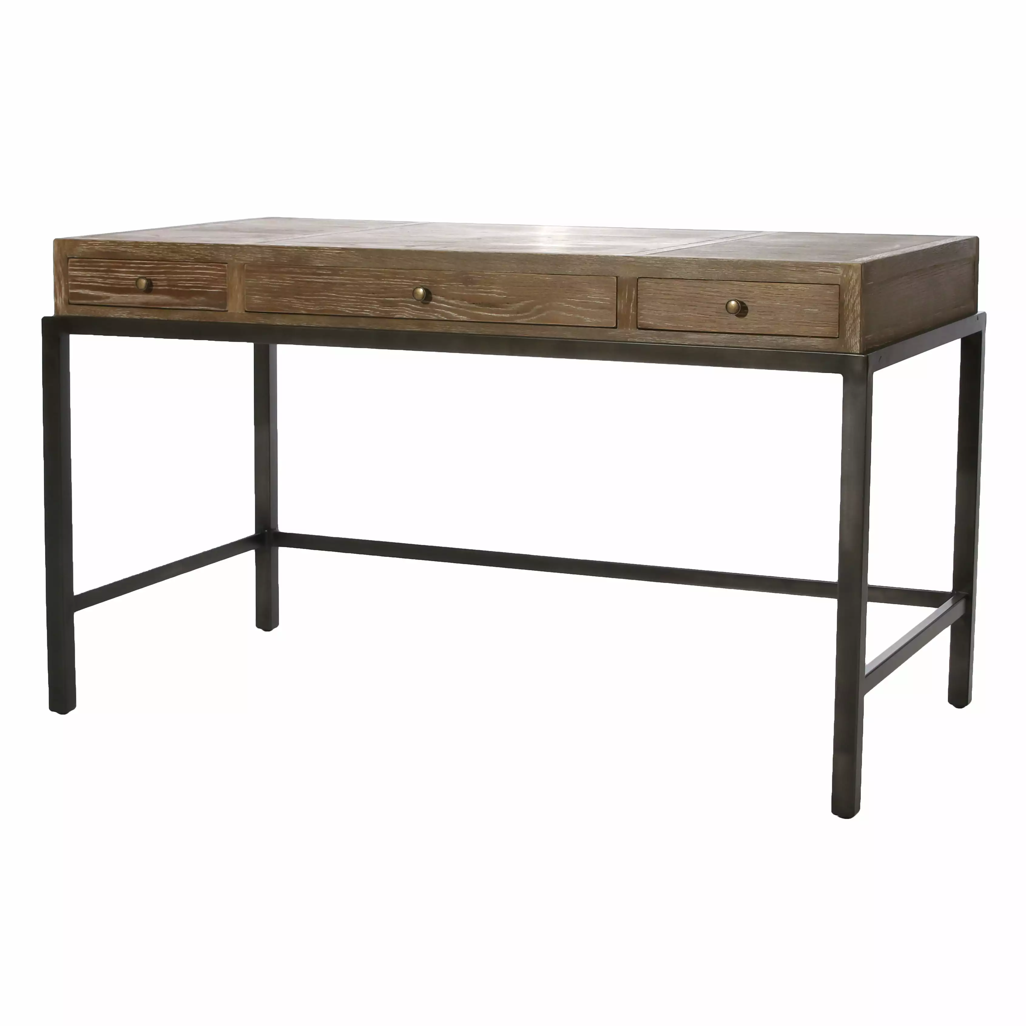 Bleecker 54-inch Reclaimed Oak & Iron Writing Desk Three Drawers - Rustic Home Office Desk Studio Home