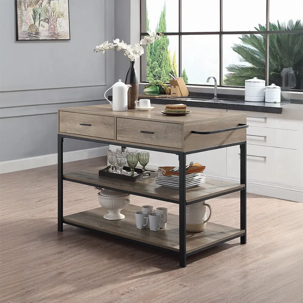 Rustic Oak And Black 2 Drawer Kitchen Island Shelf furniture max