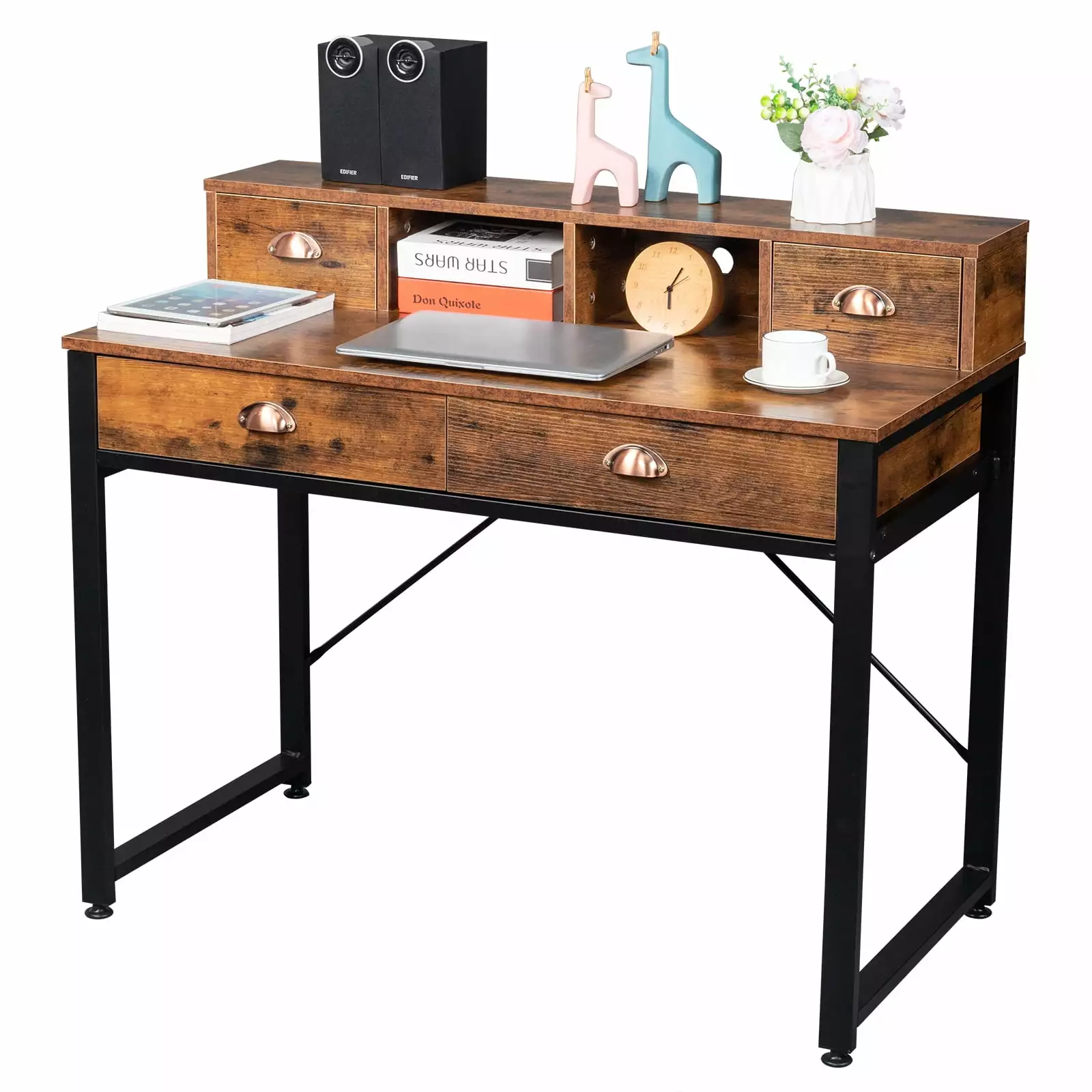 Gzxs Vintage 41.7 Inch Writing Computer Desk 4 Drawers and Hutch Rustic Brown