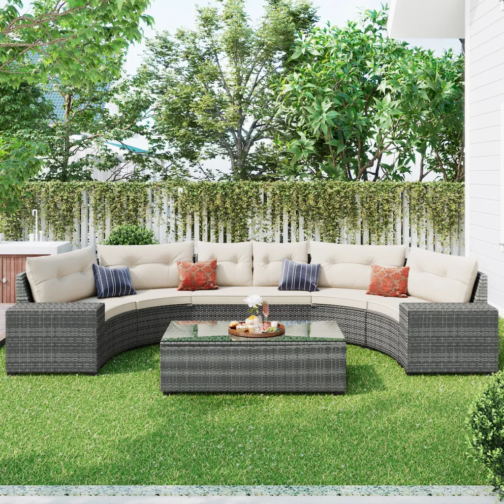 8 Piece Outdoor Wicker Half Moon Sectional Sofa Set All Weather Patio Furniture go