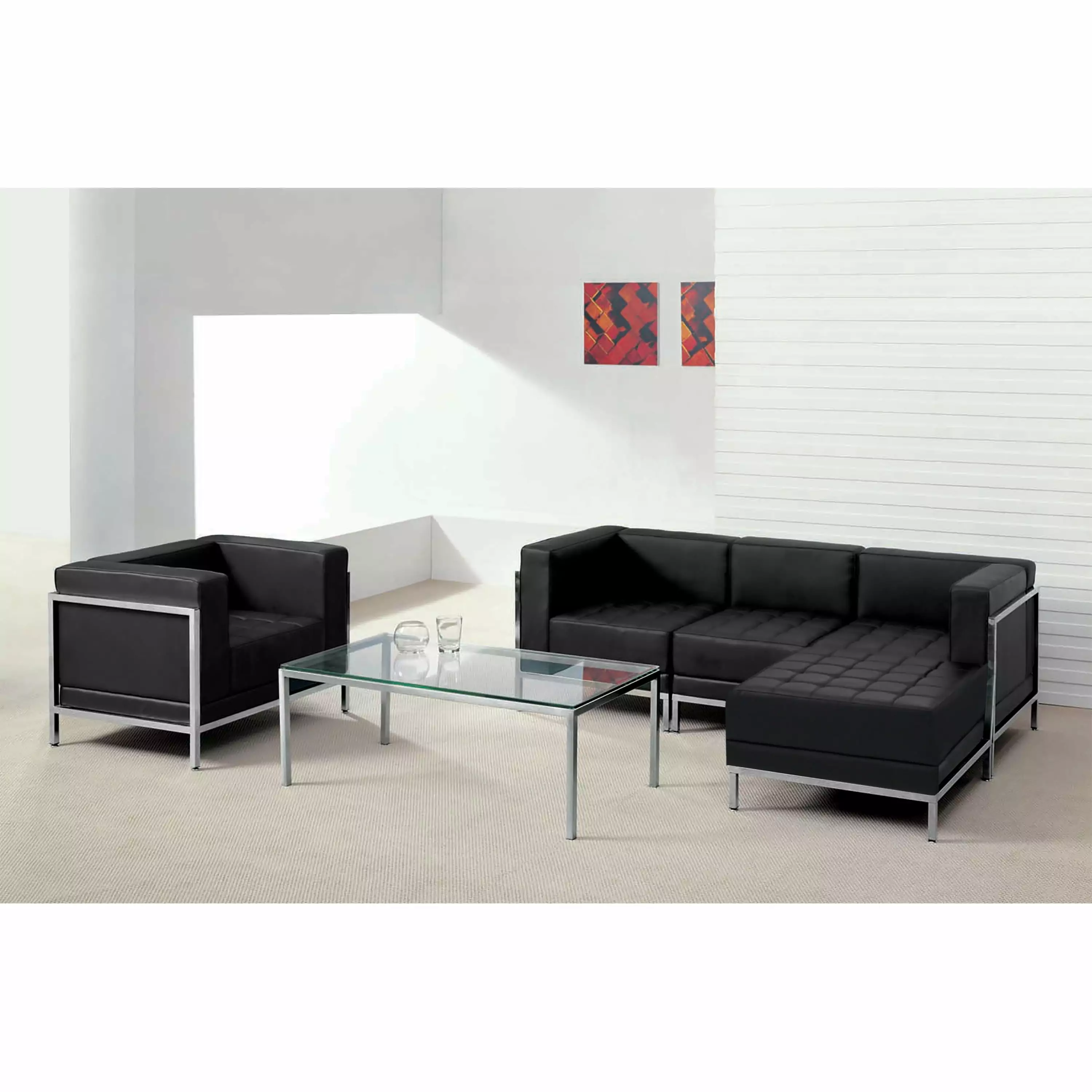 BizChair Black LeatherSoft Sectional and Chair 5 Piece Living Room Set