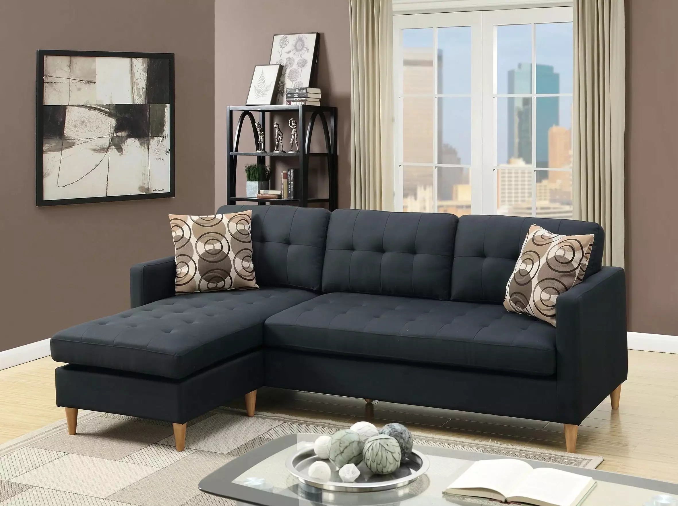 Black Polyfiber Sectional Sofa Reversible Chaise and Tufted Back Pillows