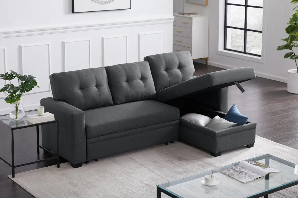 Upholstered Pull Out Sectional Sofa Chaise Dark Gray Foam Linen cynthia-s furniture