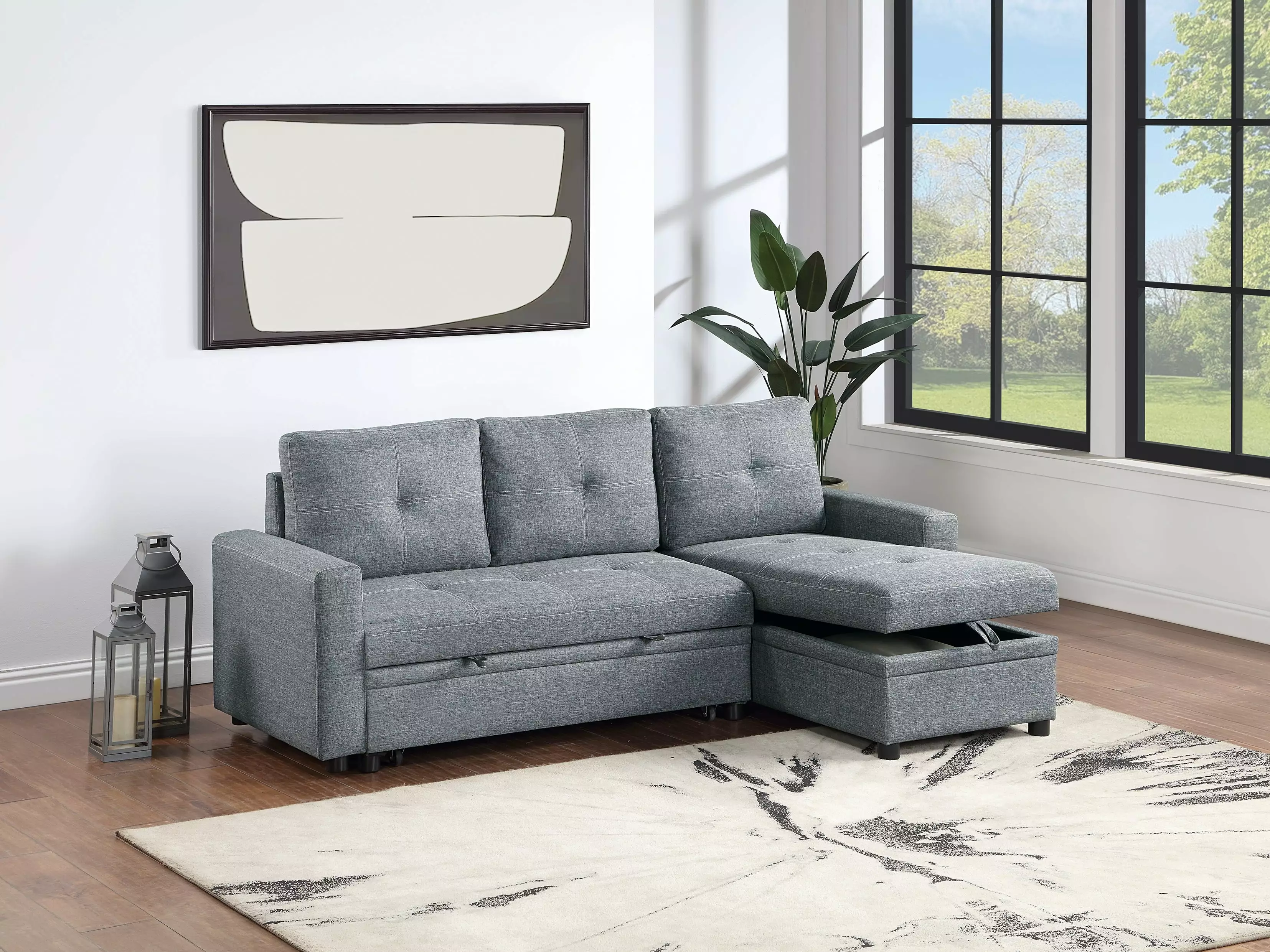 Black Gray Convertible Sectional 2pc Set Polyfiber Tufted Sofa Reversible Chaise Storage Esofastore