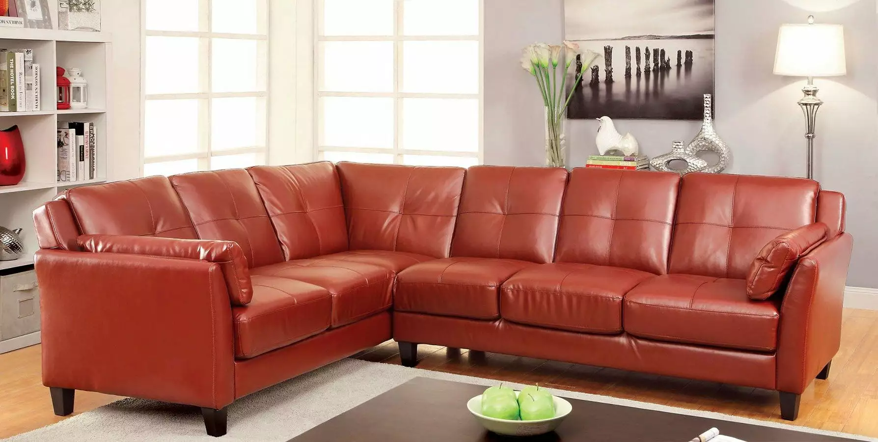 Contemporary Red Leatherette Sectional Sofa Button Tufted Cushions and Chaise Living Room Esofastore