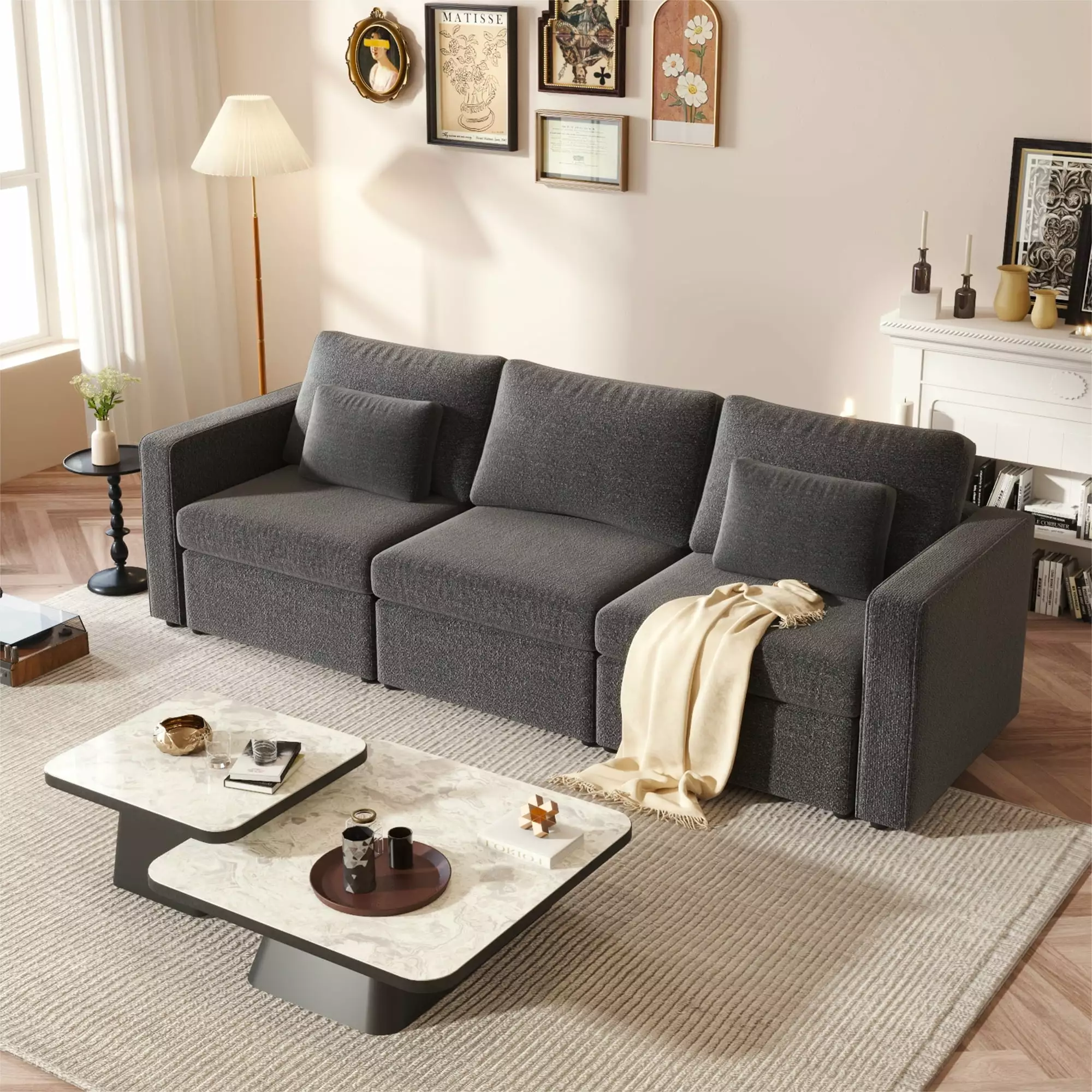 Gexpusm 100 Modern Combo Sofa Cotton Linen Oversized Upholstered Couch Pillows Dark Gray