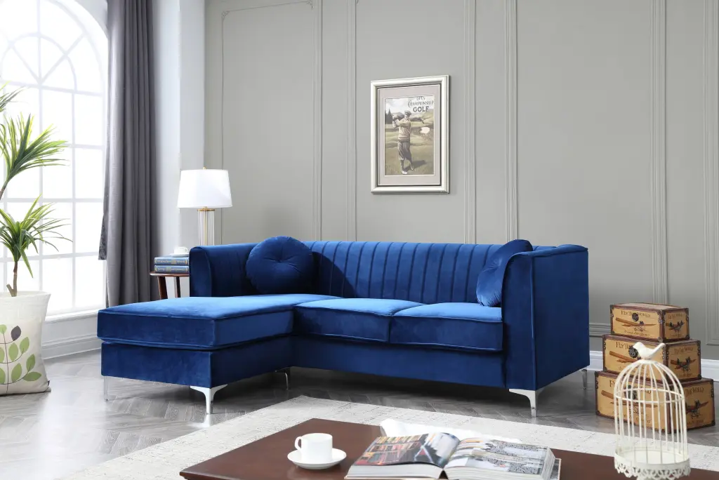 Delray G791B SC Sofa Chaise 3 Boxes Navy Blue Foam Velvet Living Room Sofa glory furniture