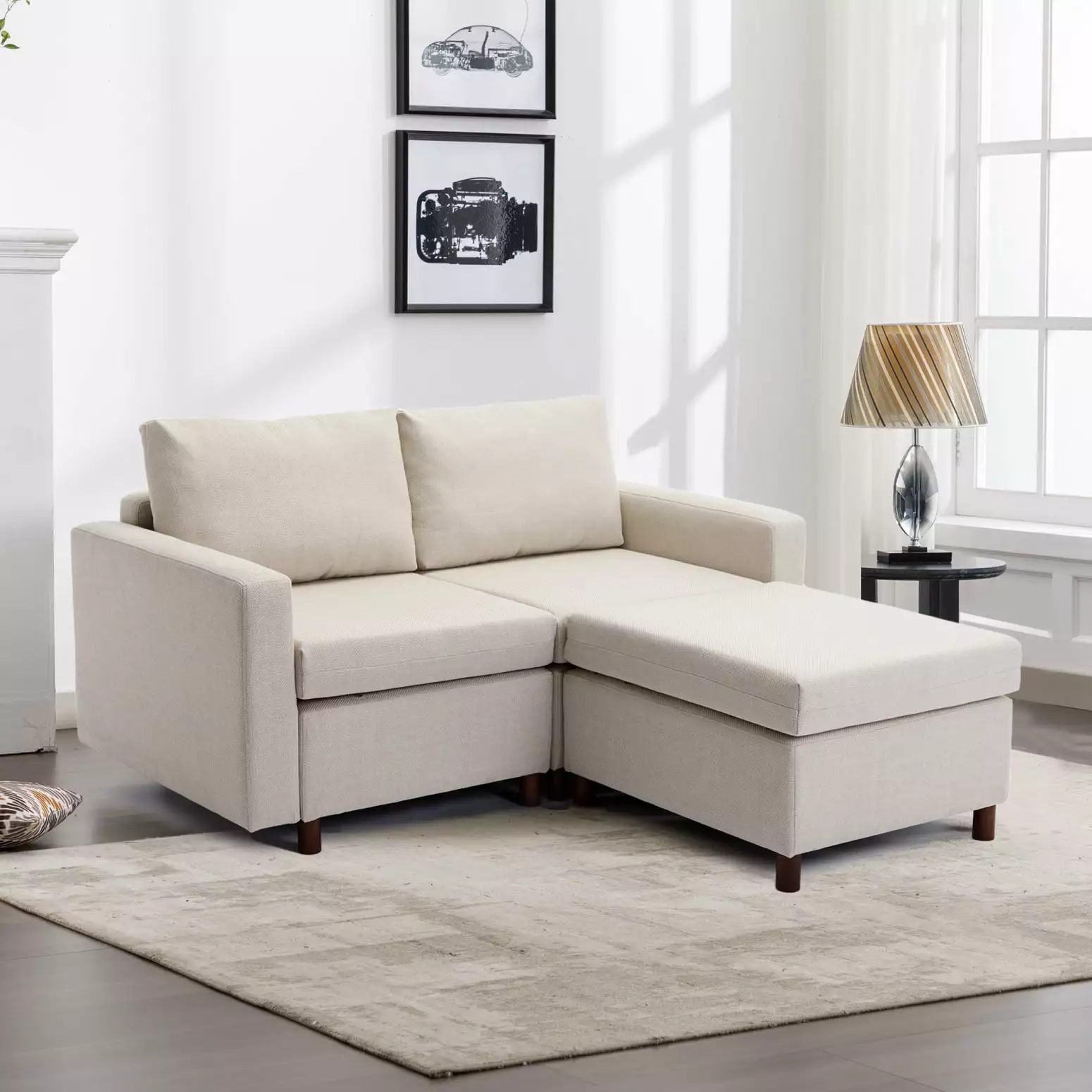 Modern Cream 2-Seat Linen Sectional Sofa Ottoman Durable Rubberwood Frame and Soft Foam Fill Easy to Maintain HATNOKIL