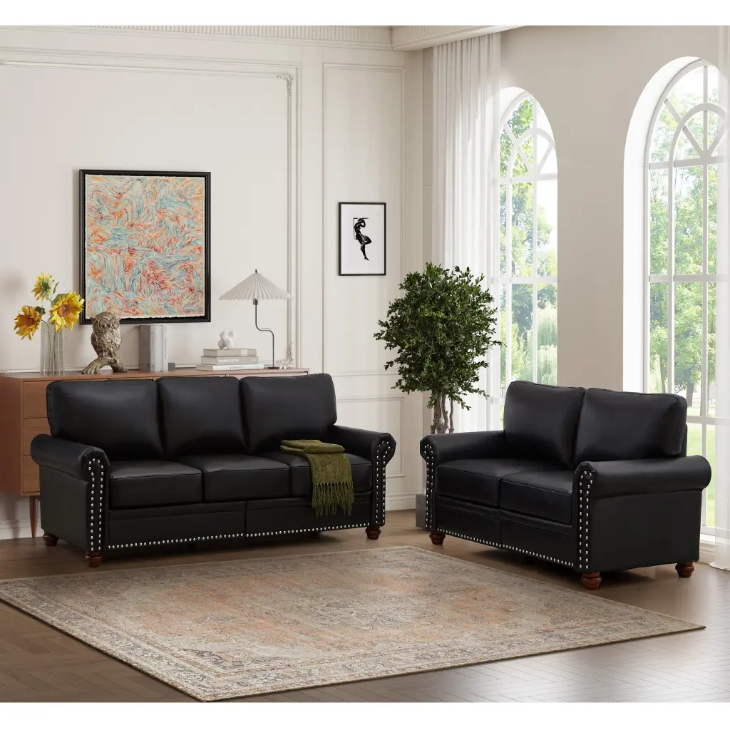 Black Faux Leather Living Room Sofa Storage 2 3 Sectional hdf store
