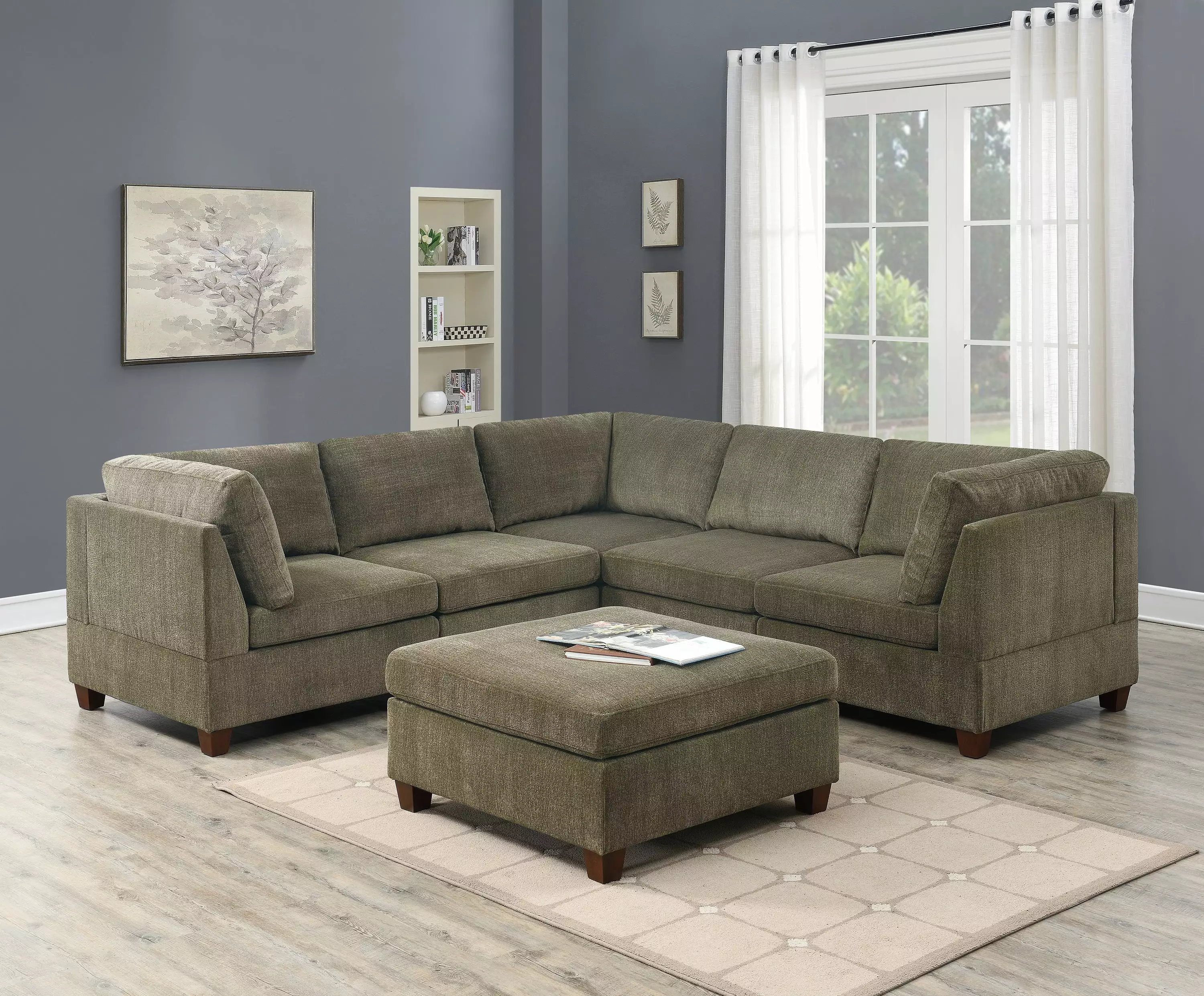 Homiyad Living Room Furniture Tan Chenille Modular Sectional 6Pc Set Ottoman