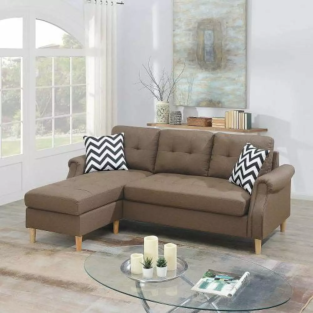 Dark Coffee Polyfiber Reversible Sectional Sofa Chaise Lounge Living Room JUHOO