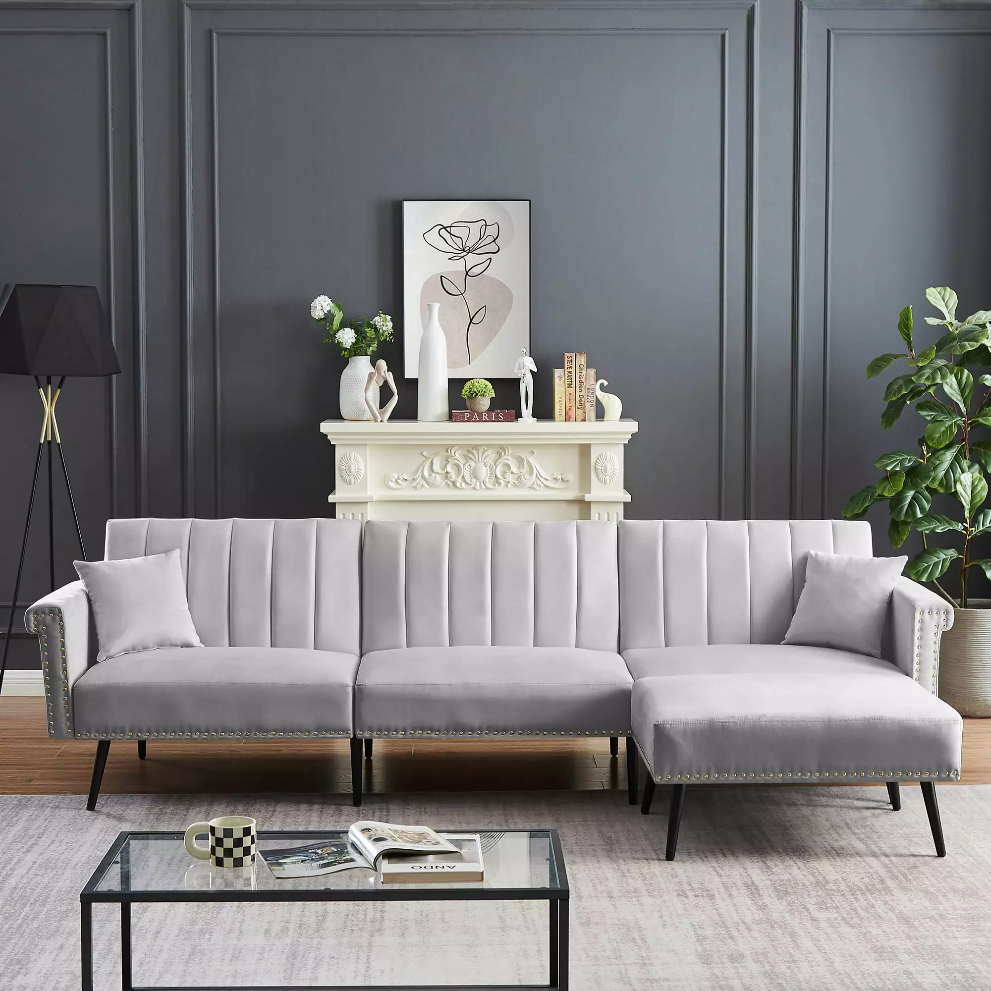 Gray Sectional Sofa Bed Simple and Stylish Adjustable Backrest Living Room Furniture JUSTSHIK