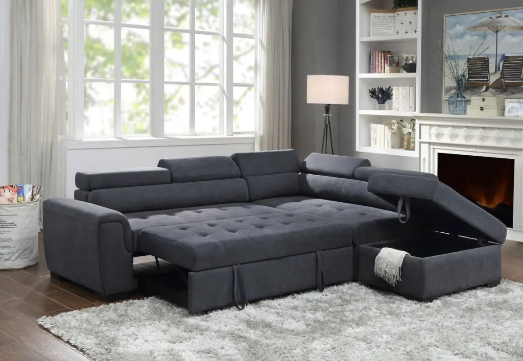 Haris 97 Inch Dark Gray Fabric Sleeper Sofa Sectional Adjustable Headrest lilola home