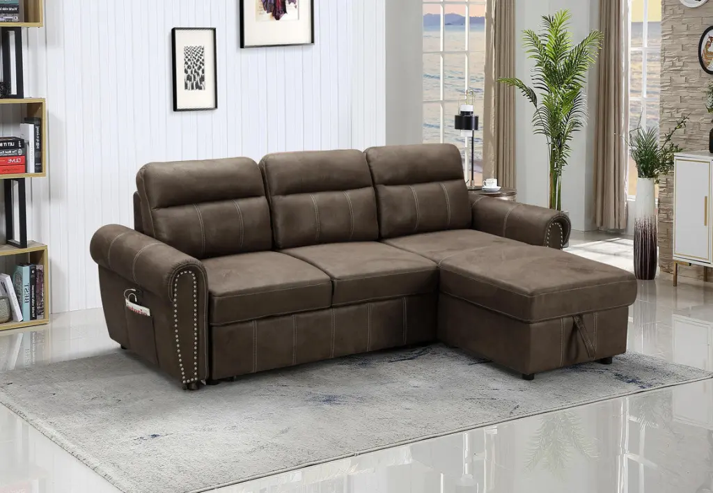 Hugo 96 Inch Brown Reversible Sleeper Sectional Sofa Chaise and USB Charging lilola home