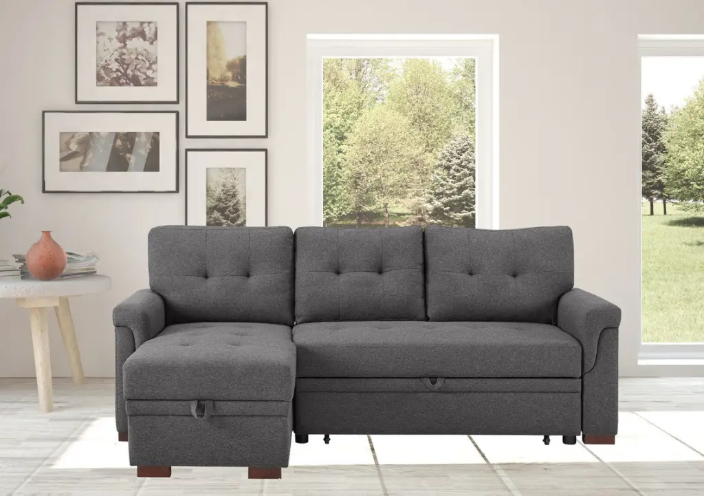 Hunter 84 Inch Dark Gray Linen Reversible Sleeper Sectional Sofa Storage lilola home