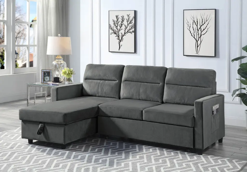 Ivy 81.5 Inch Dark Gray Velvet Reversible Sleeper Sectional Sofa Storage lilola home